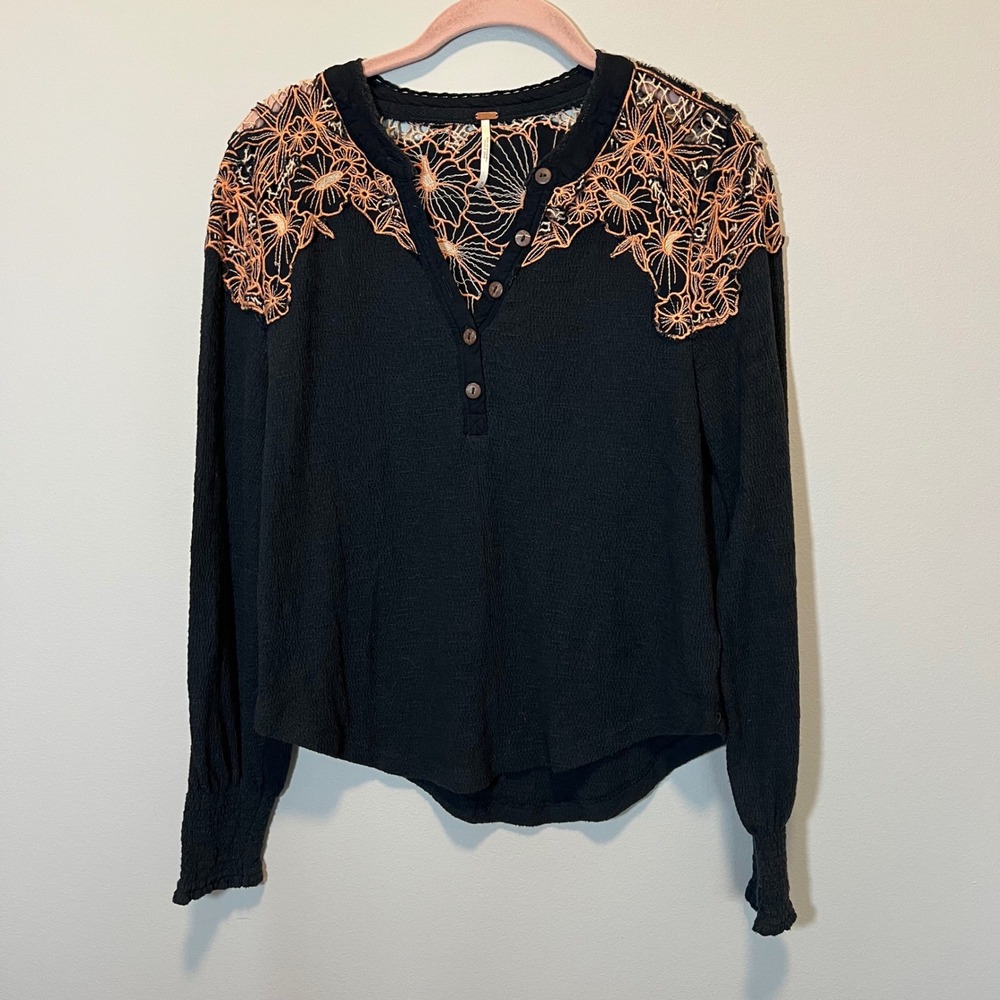 Free People Black Peach Floral Lace Embroidered Henley Long Sleeve Top Medium